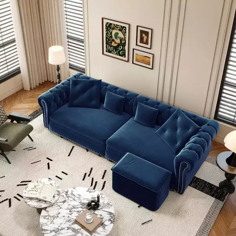 MAYEERTY 89 Canapé 3 places en velours avec pouf mobile, canapé-lit escamotable 3-en-1, grand lit bleu