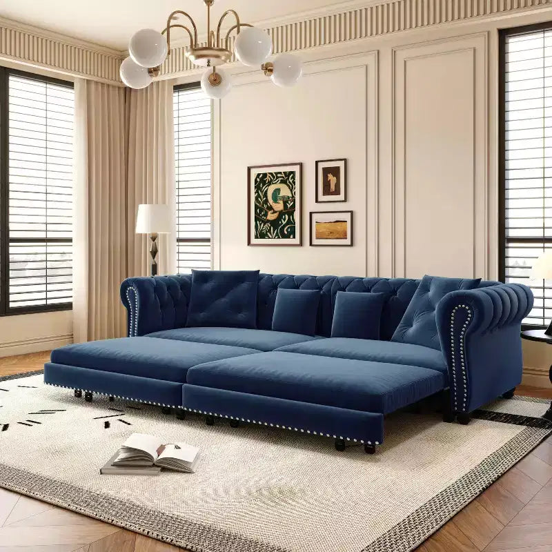 MAYEERTY 89 Canapé 3 places en velours avec pouf mobile, canapé-lit escamotable 3-en-1, grand lit bleu