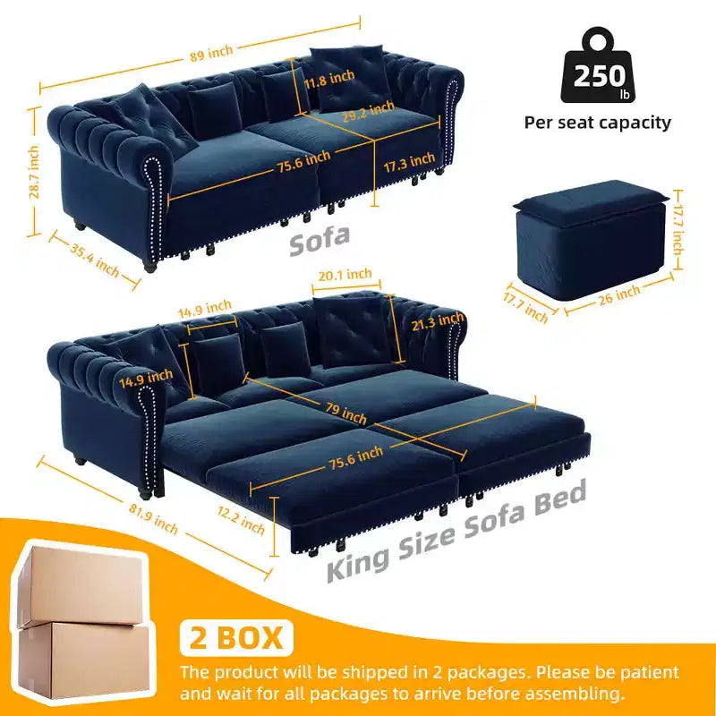 MAYEERTY 89 Canapé 3 places en velours avec pouf mobile, canapé-lit escamotable 3-en-1, grand lit bleu