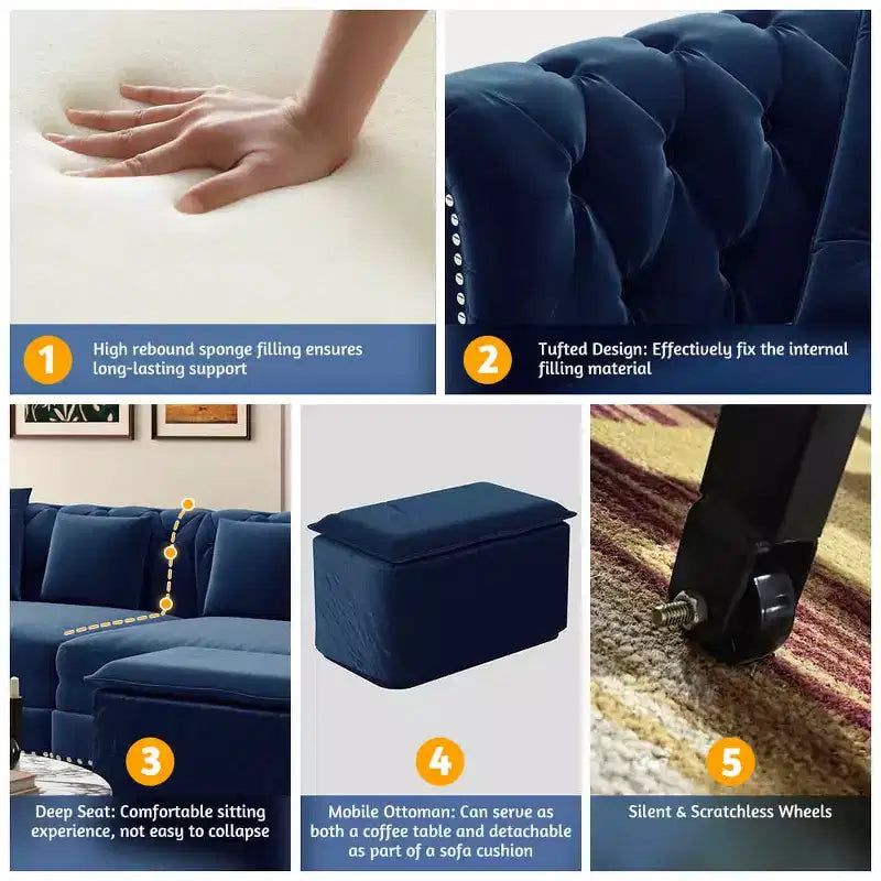 MAYEERTY 89 Canapé 3 places en velours avec pouf mobile, canapé-lit escamotable 3-en-1, grand lit bleu