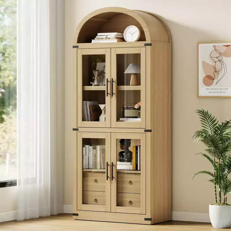 Bibliothèque arquée, Grande bibliothèque avec portes et tiroirs, Armoire de rangement de style ferme, Étagères pour bureau, salon, chambre à coucher