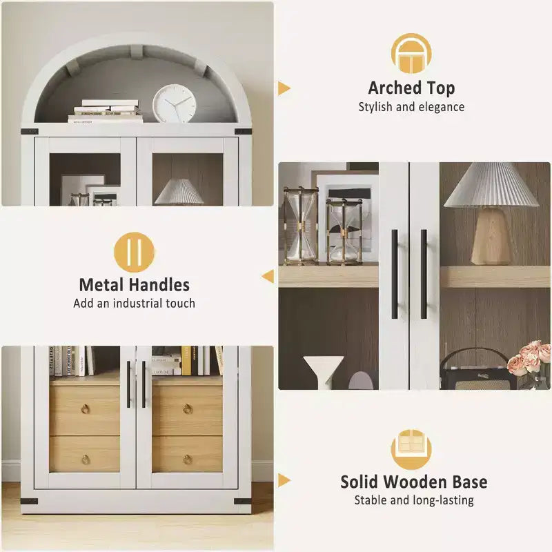Bibliothèque arquée, Grande bibliothèque avec portes et tiroirs, Armoire de rangement de style ferme, Étagères pour bureau, salon, chambre à coucher