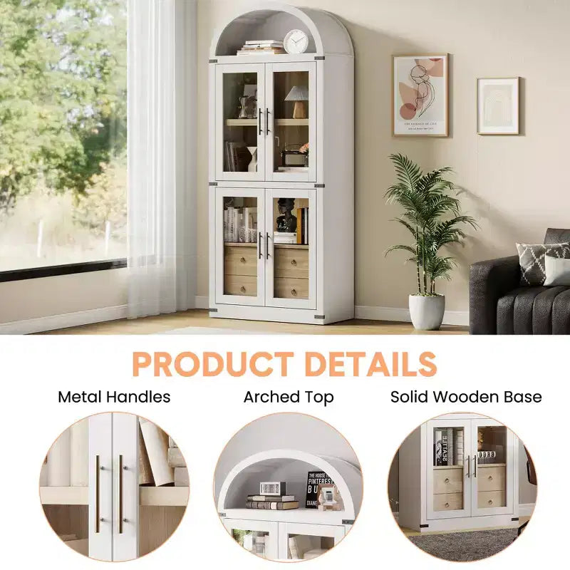 Bibliothèque arquée, Grande bibliothèque avec portes et tiroirs, Armoire de rangement de style ferme, Étagères pour bureau, salon, chambre à coucher