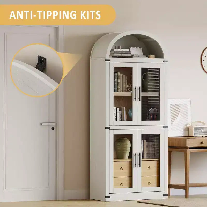 Bibliothèque arquée, Grande bibliothèque avec portes et tiroirs, Armoire de rangement de style ferme, Étagères pour bureau, salon, chambre à coucher