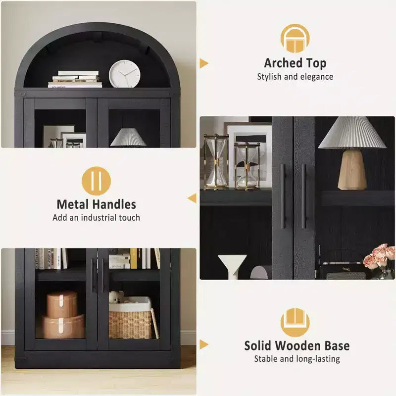 Bibliothèque arquée, Grande bibliothèque avec portes et tiroirs, Armoire de rangement de style ferme, Étagères pour bureau, salon, chambre à coucher