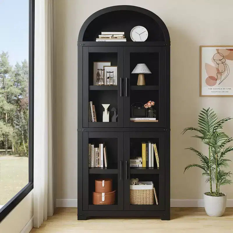 Bibliothèque arquée, Grande bibliothèque avec portes et tiroirs, Armoire de rangement de style ferme, Étagères pour bureau, salon, chambre à coucher