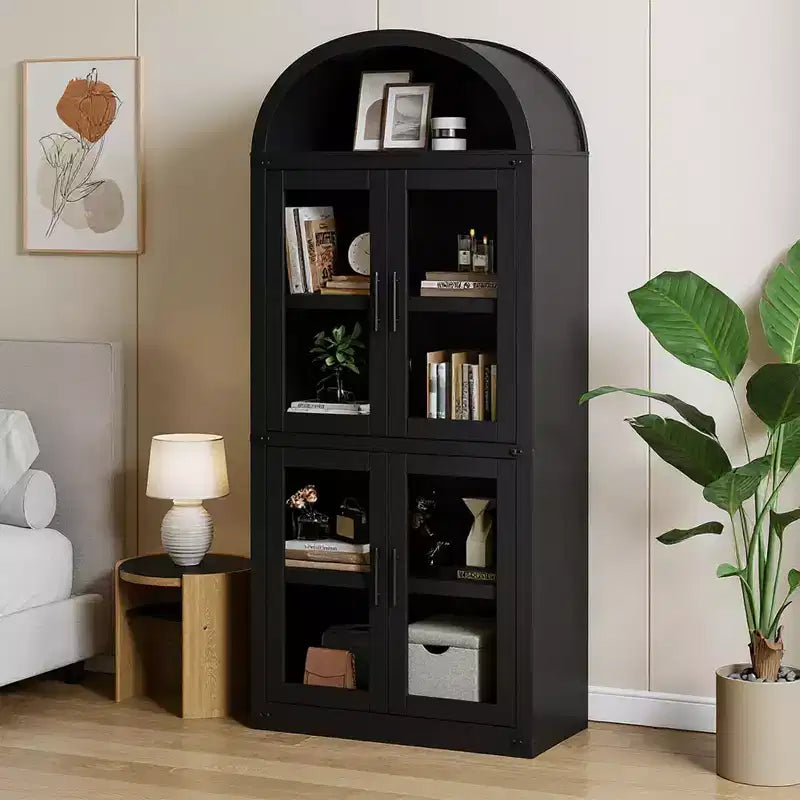 Bibliothèque arquée, Grande bibliothèque avec portes et tiroirs, Armoire de rangement de style ferme, Étagères pour bureau, salon, chambre à coucher
