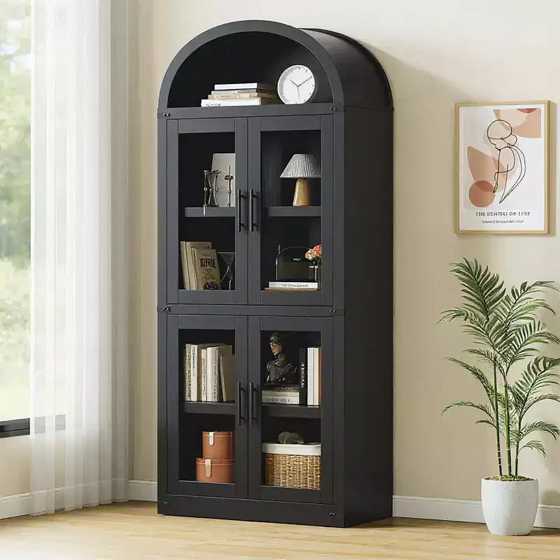Bibliothèque arquée, Grande bibliothèque avec portes et tiroirs, Armoire de rangement de style ferme, Étagères pour bureau, salon, chambre à coucher