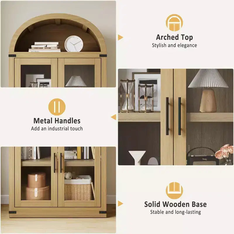 Bibliothèque arquée, Grande bibliothèque avec portes et tiroirs, Armoire de rangement de style ferme, Étagères pour bureau, salon, chambre à coucher
