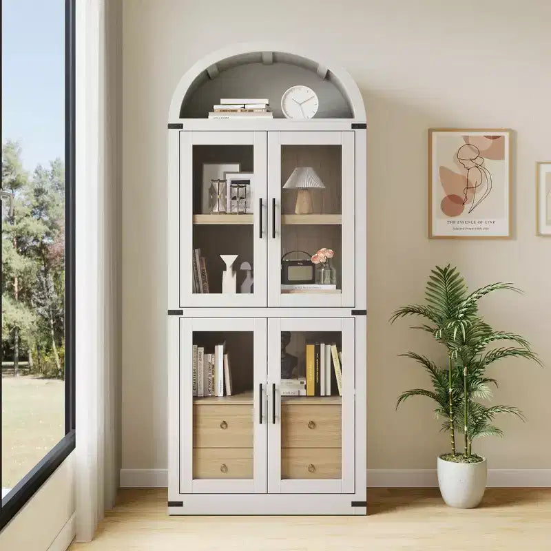 Bibliothèque arquée, Grande bibliothèque avec portes et tiroirs, Armoire de rangement de style ferme, Étagères pour bureau, salon, chambre à coucher