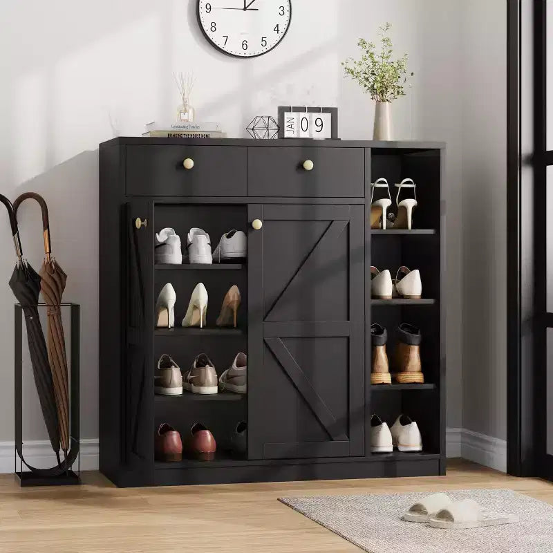 Meuble à chaussures avec portes et tiroirs, meuble à chaussures moderne de 106,7 cm de haut avec étagères réglables et base stable, meuble à chaussures à 4 niveaux