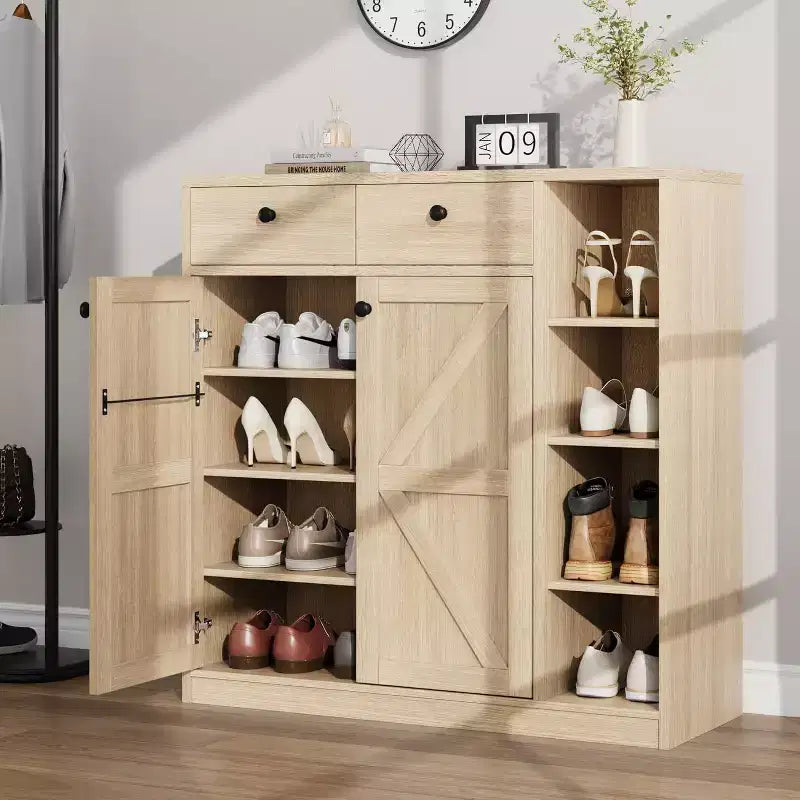 Meuble à chaussures avec portes et tiroirs, meuble à chaussures moderne de 106,7 cm de haut avec étagères réglables et base stable, meuble à chaussures à 4 niveaux