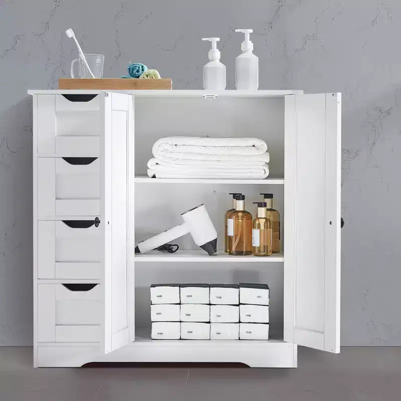 Meuble de rangement de salle de bain VEVOR, 3 étagères, organiseur de rangement en bois avec 2 portes, 4 tiroirs et étagère réglable, pour cuisine/salon/entrée, blanc