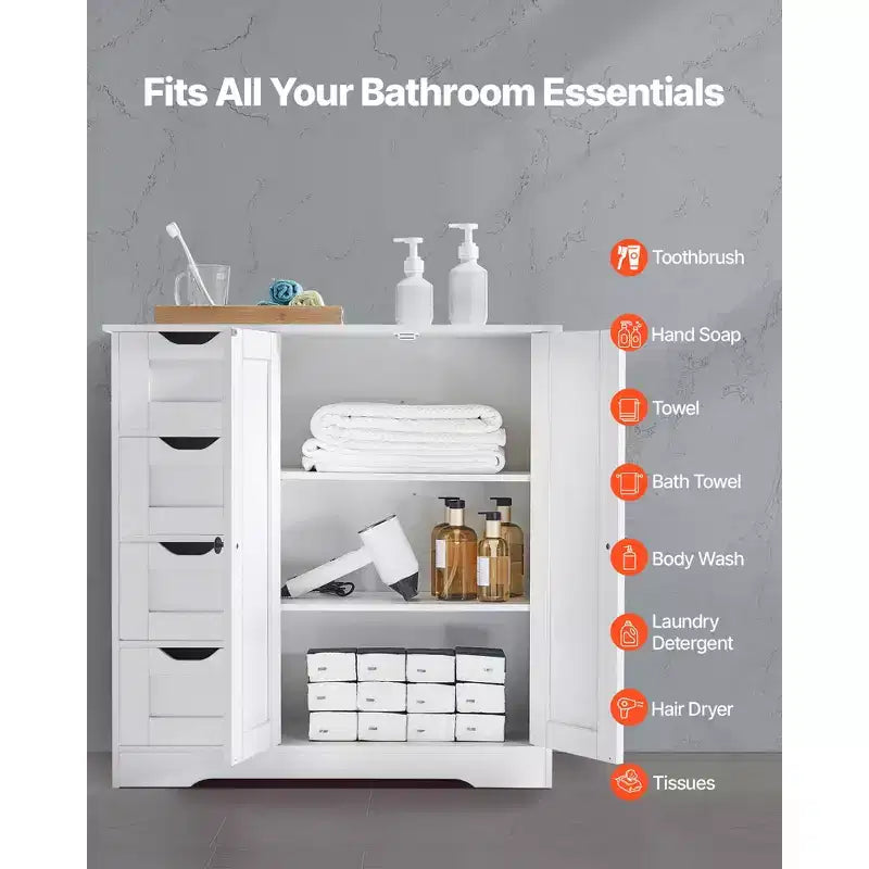 Meuble de rangement de salle de bain VEVOR, 3 étagères, organiseur de rangement en bois avec 2 portes, 4 tiroirs et étagère réglable, pour cuisine/salon/entrée, blanc