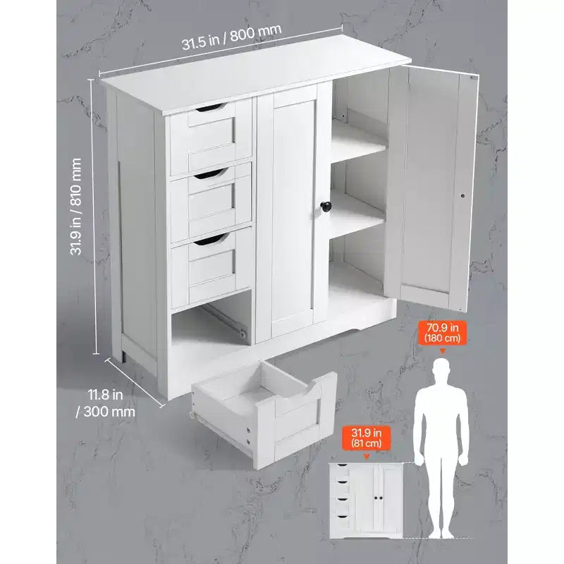 Meuble de rangement de salle de bain VEVOR, 3 étagères, organiseur de rangement en bois avec 2 portes, 4 tiroirs et étagère réglable, pour cuisine/salon/entrée, blanc