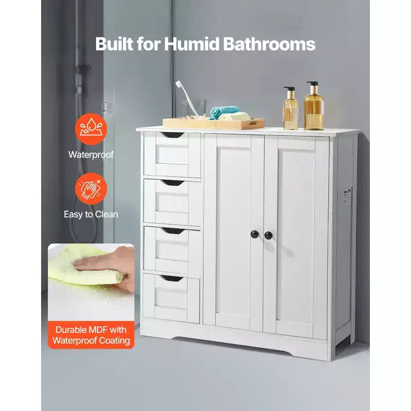 Meuble de rangement de salle de bain VEVOR, 3 étagères, organiseur de rangement en bois avec 2 portes, 4 tiroirs et étagère réglable, pour cuisine/salon/entrée, blanc
