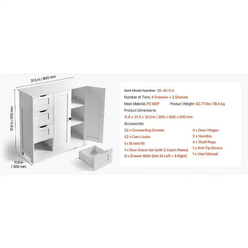Meuble de rangement de salle de bain VEVOR, 3 étagères, organiseur de rangement en bois avec 2 portes, 4 tiroirs et étagère réglable, pour cuisine/salon/entrée, blanc