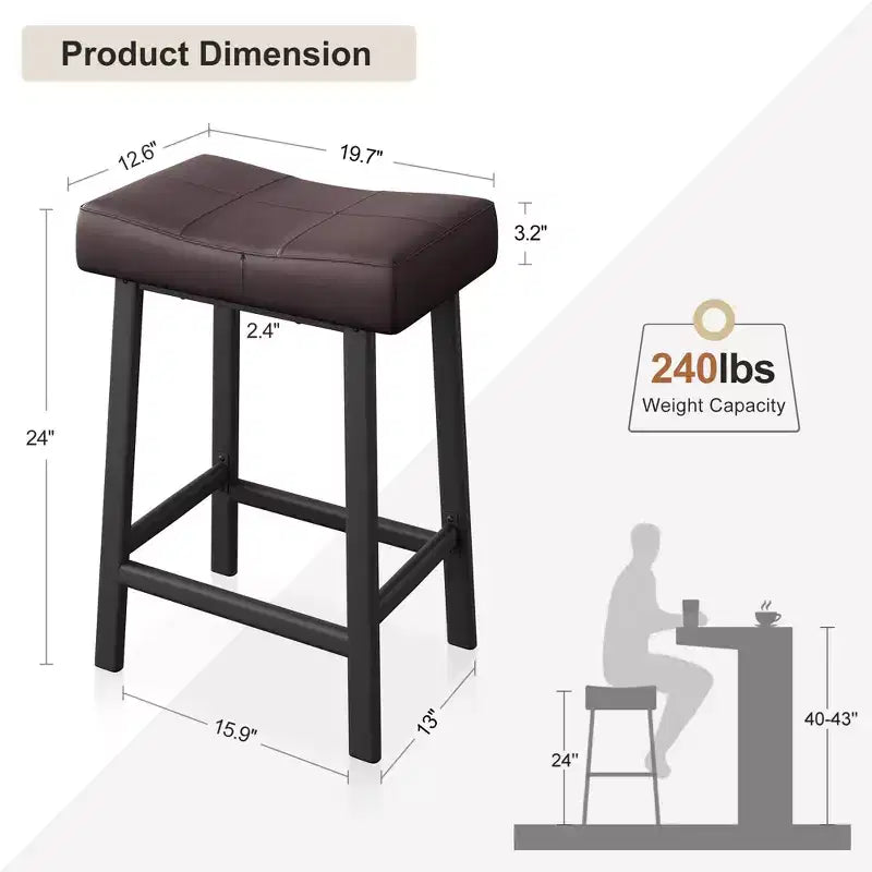 Lot de 2 tabourets de bar en cuir PU | Tabourets de comptoir de 61 cm avec sièges épais en forme de selle et cadre en métal robuste pour îlot de cuisine, bar de petit-déjeuner