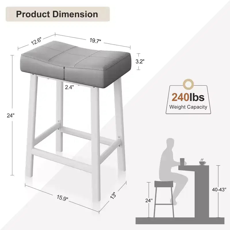 Lot de 2 tabourets de bar en cuir PU | Tabourets de comptoir de 61 cm avec sièges épais en forme de selle et cadre en métal robuste pour îlot de cuisine, bar de petit-déjeuner