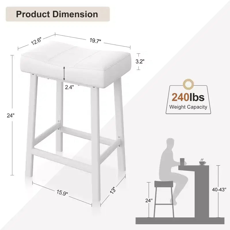 Lot de 2 tabourets de bar en cuir PU | Tabourets de comptoir de 61 cm avec sièges épais en forme de selle et cadre en métal robuste pour îlot de cuisine, bar de petit-déjeuner