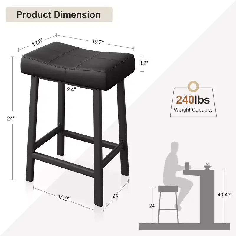 Lot de 2 tabourets de bar en cuir PU | Tabourets de comptoir de 61 cm avec sièges épais en forme de selle et cadre en métal robuste pour îlot de cuisine, bar de petit-déjeuner