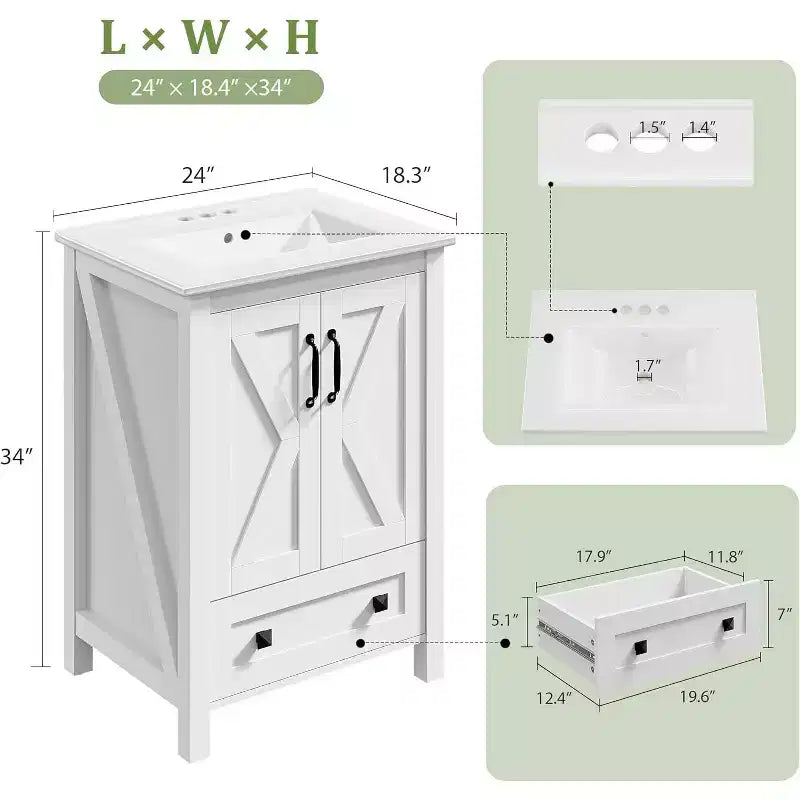 Meuble-lavabo 24/30 po avec évier en céramique, meuble-lavabo de salle de bain moderne avec 2 portes et 1 tiroir de rangement, meuble de salle de bain autoportant