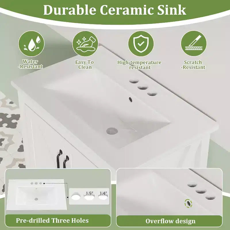 Meuble-lavabo 24/30 po avec évier en céramique, meuble-lavabo de salle de bain moderne avec 2 portes et 1 tiroir de rangement, meuble de salle de bain autoportant