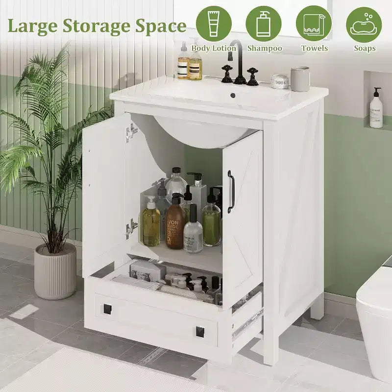 Meuble-lavabo 24/30 po avec évier en céramique, meuble-lavabo de salle de bain moderne avec 2 portes et 1 tiroir de rangement, meuble de salle de bain autoportant