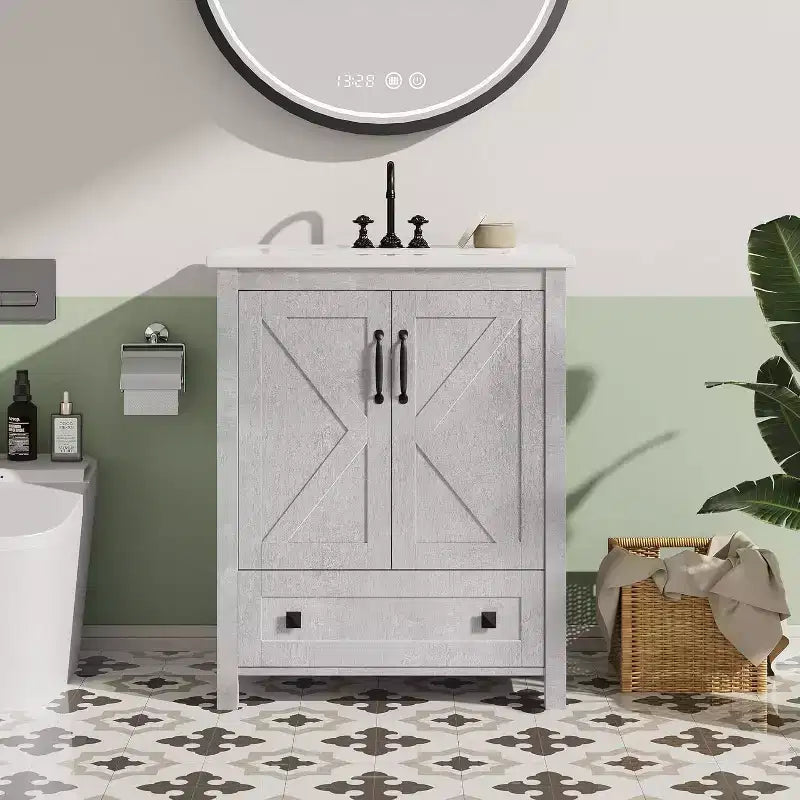 Meuble-lavabo 24/30 po avec évier en céramique, meuble-lavabo de salle de bain moderne avec 2 portes et 1 tiroir de rangement, meuble de salle de bain autoportant