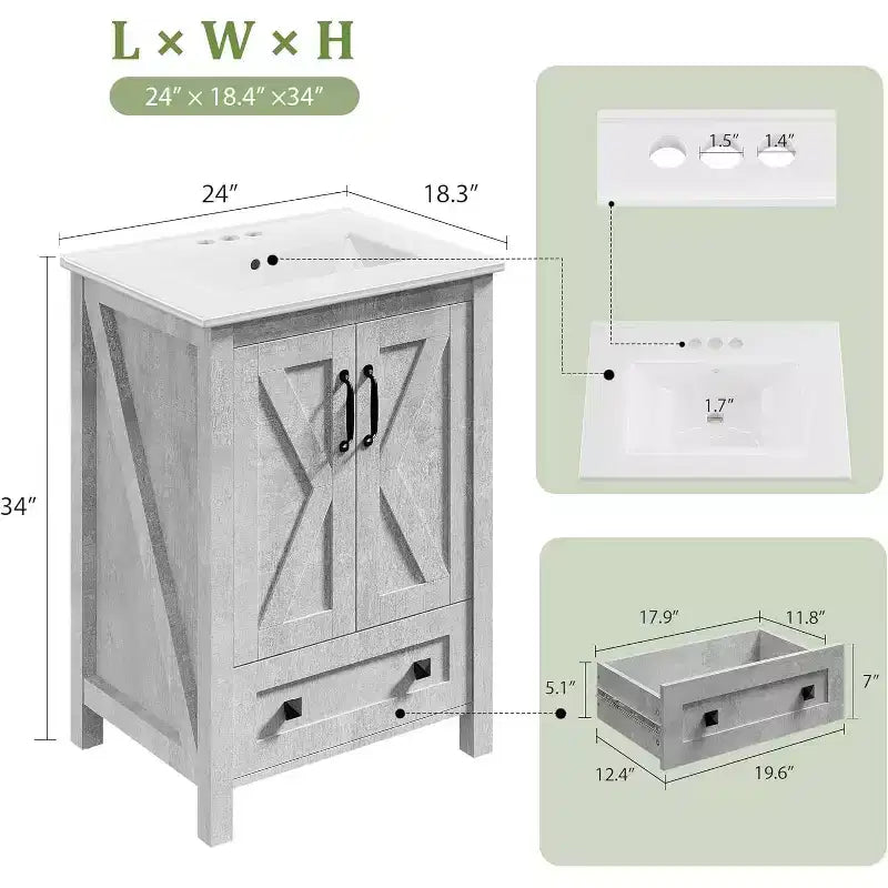 Meuble-lavabo 24/30 po avec évier en céramique, meuble-lavabo de salle de bain moderne avec 2 portes et 1 tiroir de rangement, meuble de salle de bain autoportant