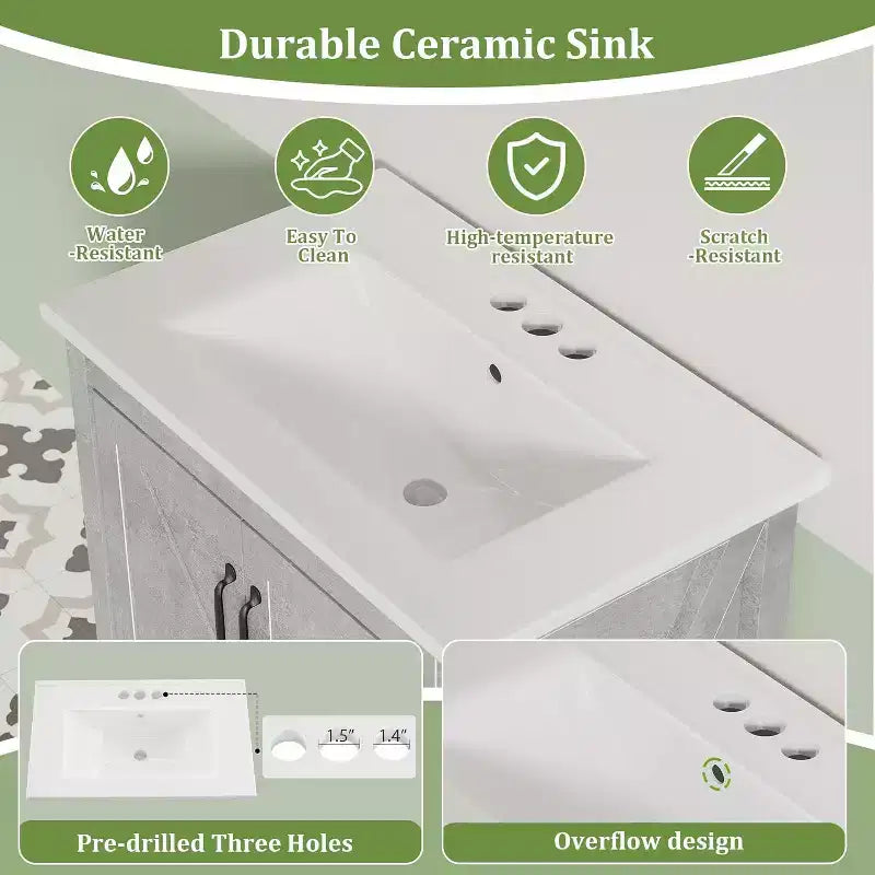 Meuble-lavabo 24/30 po avec évier en céramique, meuble-lavabo de salle de bain moderne avec 2 portes et 1 tiroir de rangement, meuble de salle de bain autoportant