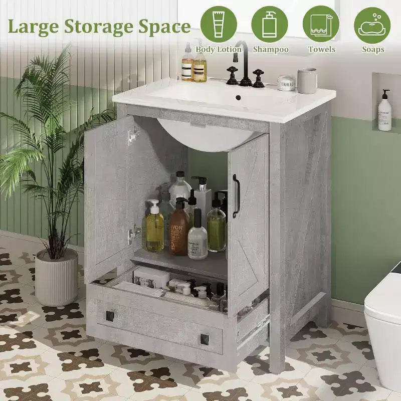 Meuble-lavabo 24/30 po avec évier en céramique, meuble-lavabo de salle de bain moderne avec 2 portes et 1 tiroir de rangement, meuble de salle de bain autoportant