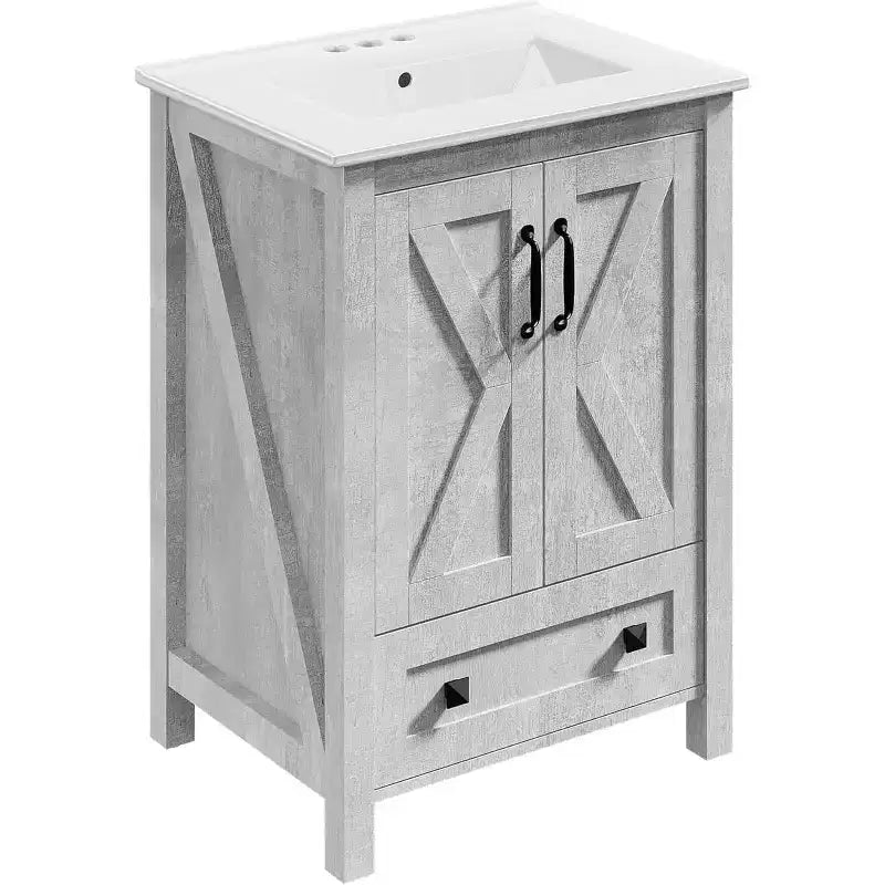 Meuble-lavabo 24/30 po avec évier en céramique, meuble-lavabo de salle de bain moderne avec 2 portes et 1 tiroir de rangement, meuble de salle de bain autoportant