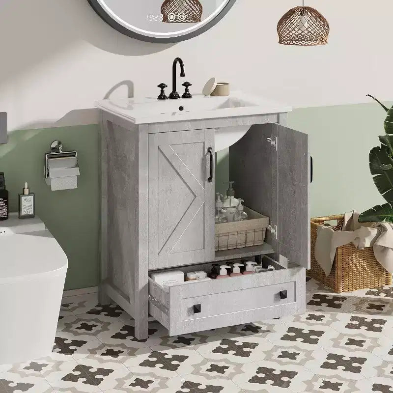 Meuble-lavabo 24/30 po avec évier en céramique, meuble-lavabo de salle de bain moderne avec 2 portes et 1 tiroir de rangement, meuble de salle de bain autoportant