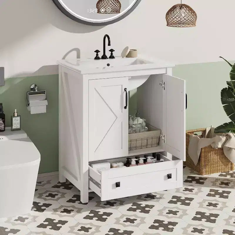 Meuble-lavabo 24/30 po avec évier en céramique, meuble-lavabo de salle de bain moderne avec 2 portes et 1 tiroir de rangement, meuble de salle de bain autoportant