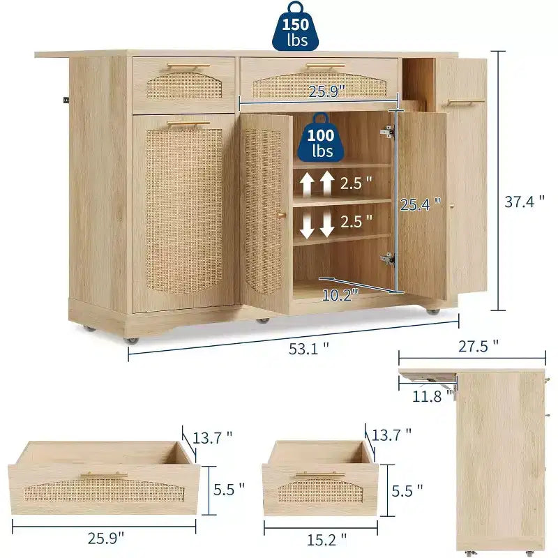 53 Îlot de Cuisine avec Abattant, Îlot Roulant de Cuisine avec Poubelle Inclinable, Armoire de Rangement, Étagère à Épices, 2 Tiroirs, Table Îlot MobileCuisine