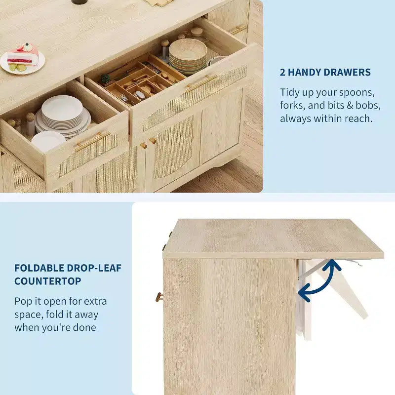 53 Îlot de Cuisine avec Abattant, Îlot Roulant de Cuisine avec Poubelle Inclinable, Armoire de Rangement, Étagère à Épices, 2 Tiroirs, Table Îlot MobileCuisine