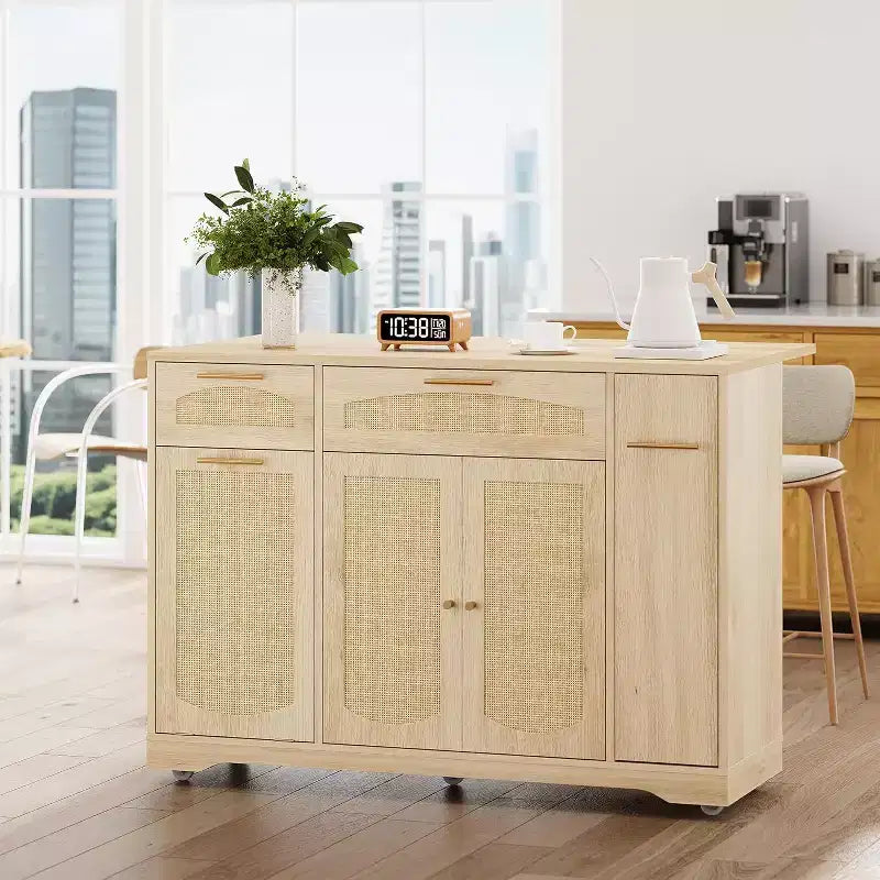 53 Îlot de Cuisine avec Abattant, Îlot Roulant de Cuisine avec Poubelle Inclinable, Armoire de Rangement, Étagère à Épices, 2 Tiroirs, Table Îlot MobileCuisine