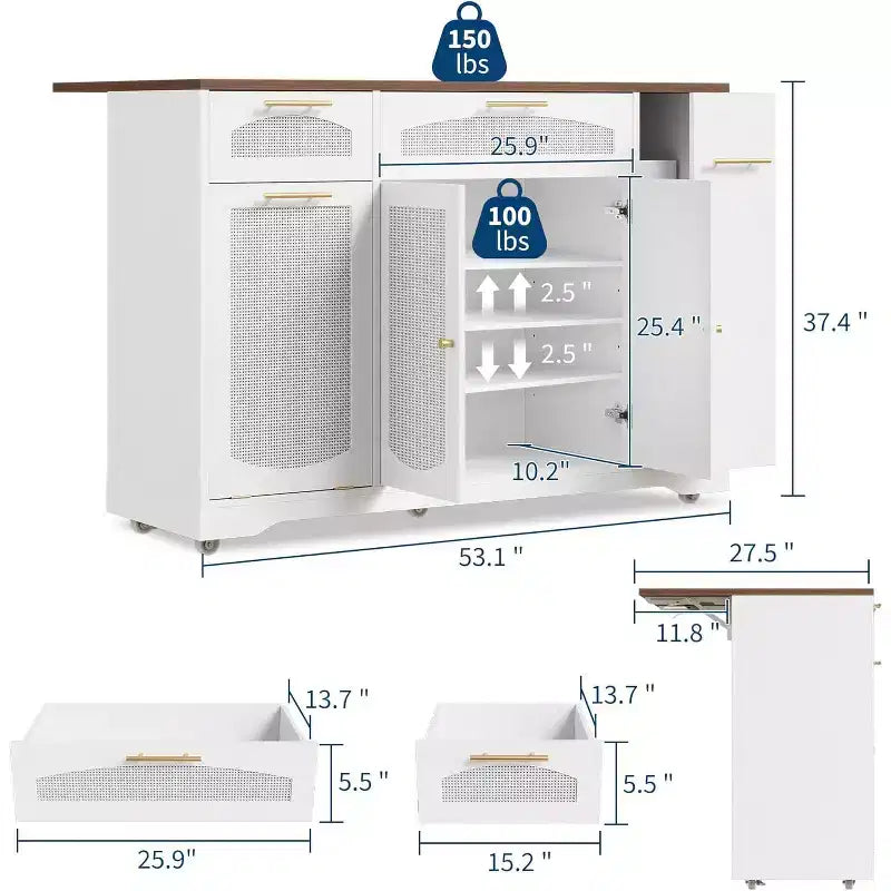 53 Îlot de Cuisine avec Abattant, Îlot Roulant de Cuisine avec Poubelle Inclinable, Armoire de Rangement, Étagère à Épices, 2 Tiroirs, Table Îlot MobileCuisine