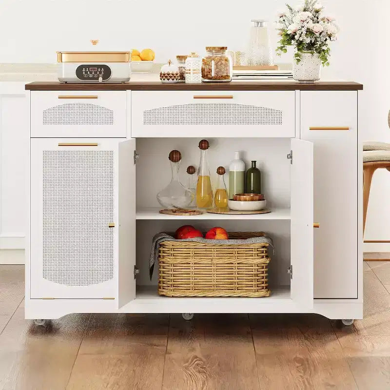 53 Îlot de Cuisine avec Abattant, Îlot Roulant de Cuisine avec Poubelle Inclinable, Armoire de Rangement, Étagère à Épices, 2 Tiroirs, Table Îlot MobileCuisine