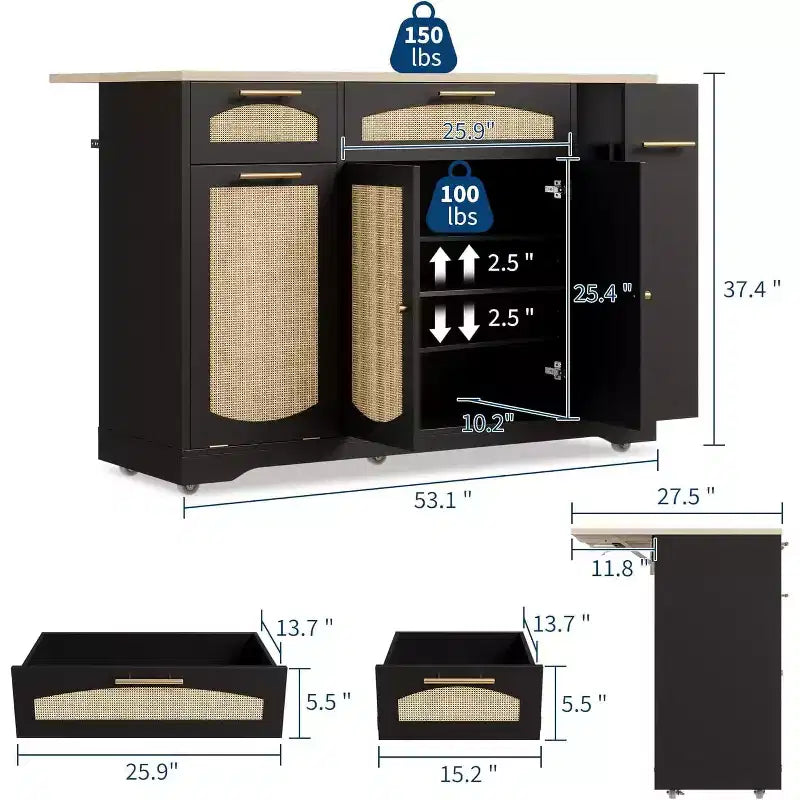 53 Îlot de Cuisine avec Abattant, Îlot Roulant de Cuisine avec Poubelle Inclinable, Armoire de Rangement, Étagère à Épices, 2 Tiroirs, Table Îlot MobileCuisine