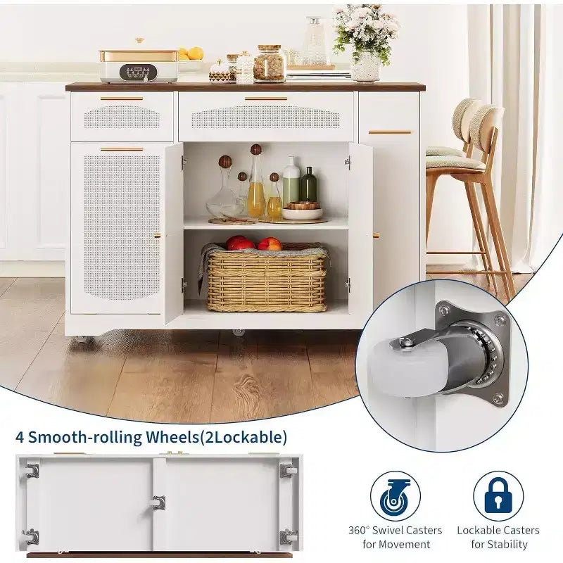 53 Îlot de Cuisine avec Abattant, Îlot Roulant de Cuisine avec Poubelle Inclinable, Armoire de Rangement, Étagère à Épices, 2 Tiroirs, Table Îlot MobileCuisine