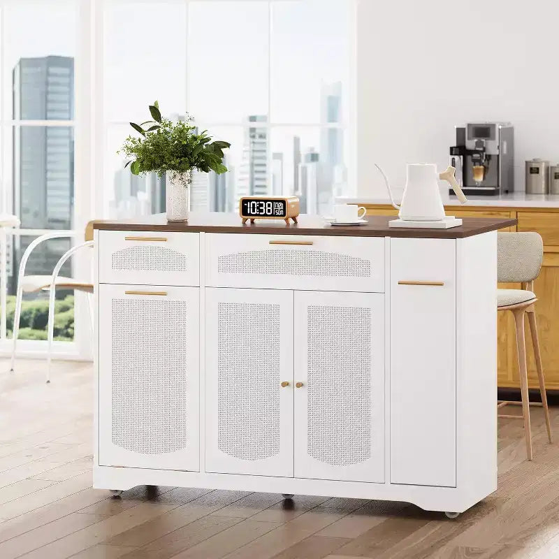 53 Îlot de Cuisine avec Abattant, Îlot Roulant de Cuisine avec Poubelle Inclinable, Armoire de Rangement, Étagère à Épices, 2 Tiroirs, Table Îlot MobileCuisine