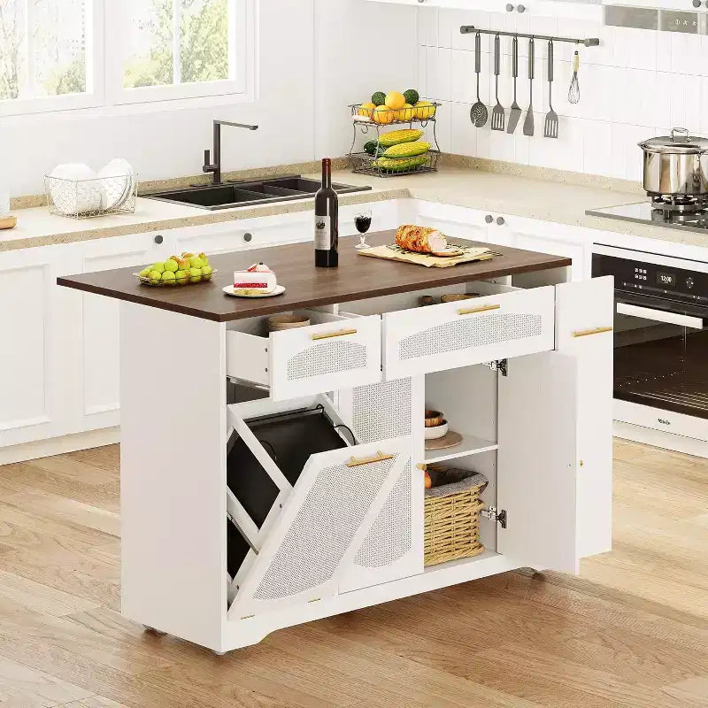 53 Îlot de Cuisine avec Abattant, Îlot Roulant de Cuisine avec Poubelle Inclinable, Armoire de Rangement, Étagère à Épices, 2 Tiroirs, Table Îlot MobileCuisine