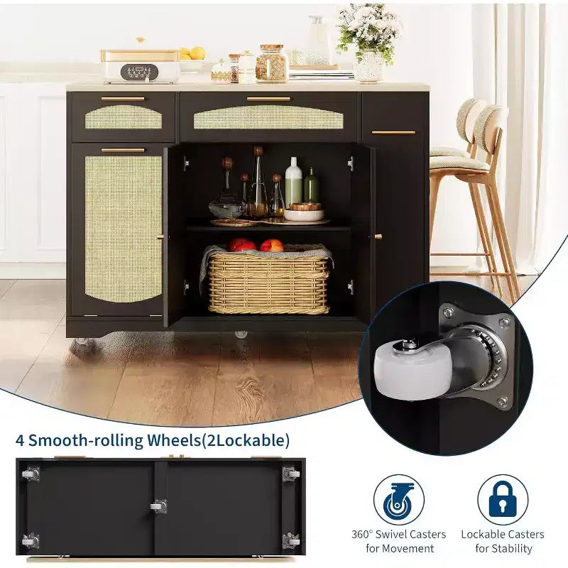 53 Îlot de Cuisine avec Abattant, Îlot Roulant de Cuisine avec Poubelle Inclinable, Armoire de Rangement, Étagère à Épices, 2 Tiroirs, Table Îlot MobileCuisine