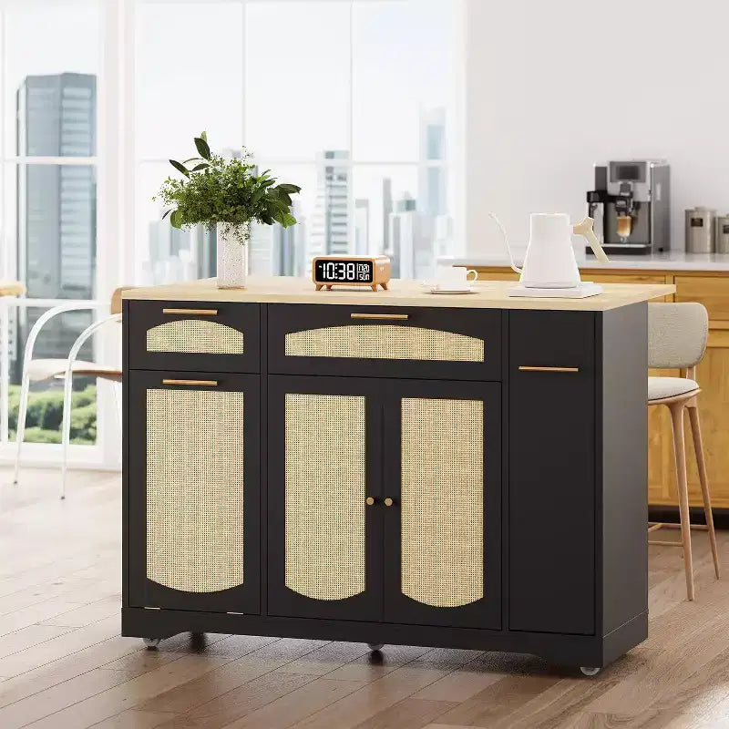 53 Îlot de Cuisine avec Abattant, Îlot Roulant de Cuisine avec Poubelle Inclinable, Armoire de Rangement, Étagère à Épices, 2 Tiroirs, Table Îlot MobileCuisine