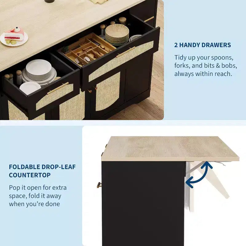 53 Îlot de Cuisine avec Abattant, Îlot Roulant de Cuisine avec Poubelle Inclinable, Armoire de Rangement, Étagère à Épices, 2 Tiroirs, Table Îlot MobileCuisine