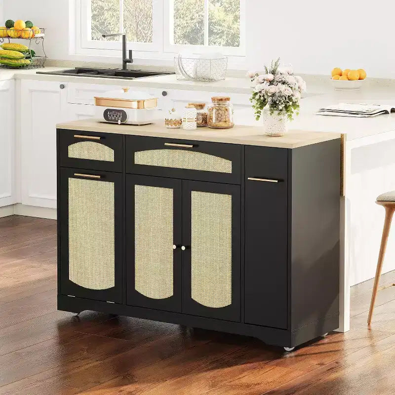 53 Îlot de Cuisine avec Abattant, Îlot Roulant de Cuisine avec Poubelle Inclinable, Armoire de Rangement, Étagère à Épices, 2 Tiroirs, Table Îlot MobileCuisine