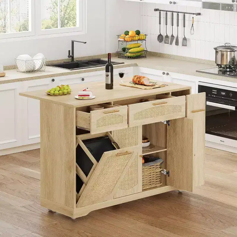 53 Îlot de Cuisine avec Abattant, Îlot Roulant de Cuisine avec Poubelle Inclinable, Armoire de Rangement, Étagère à Épices, 2 Tiroirs, Table Îlot MobileCuisine