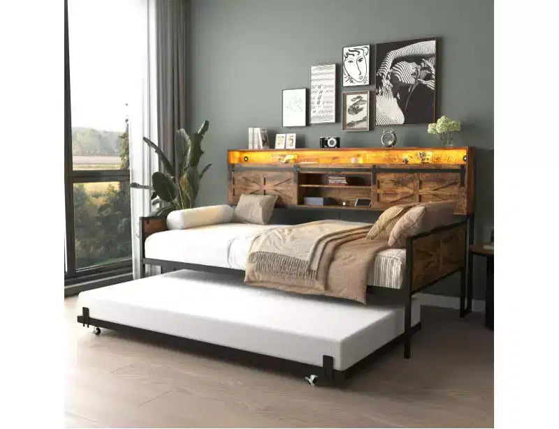 Farmhouse Double Sofa Bed with Wheels, Rustic Brown Frame, Barn Door Headboard, LED Lights & Charging Station, for Bedroom/Guest Room